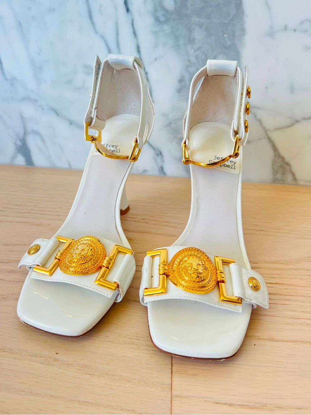 Jeffrey Campbell White Leather Heels with Gold Medallion Hardware